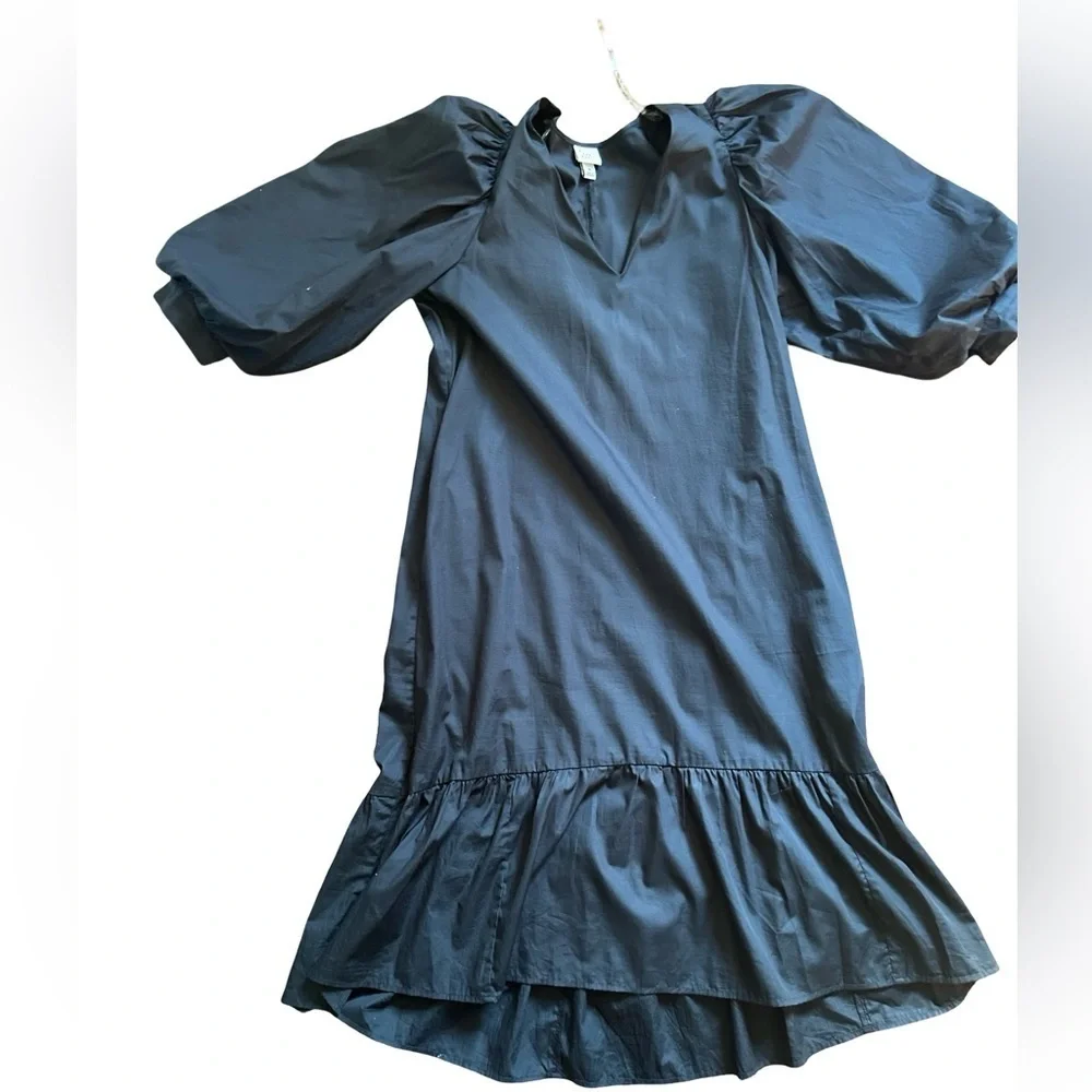 A New Day Black V-Neck Midi Dress with Pockets | Puff Sleeve Ruffle Hem Size M